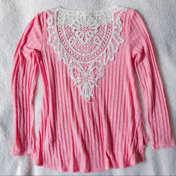 Pink Asymmetrical Lace Long Sleeve Tunic Top - Picture 4 of 6